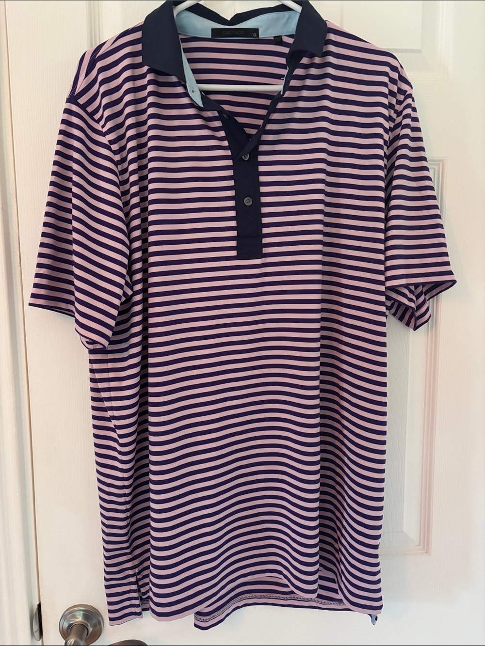 Men’s Striped Polo in Lavender & Navy with Contrast Collar